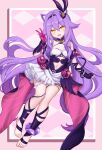  1girl :d absurdres animal_ear_fluff animal_ears bare_shoulders barefoot breasts budesonide cat_ears clothing_cutout dress fang fingerless_gloves full_body gloves hair_between_eyes hair_ornament hairband hand_up highres honkai_(series) honkai_impact_3rd jewelry leg_ribbon long_hair looking_at_viewer navel navel_cutout open_mouth purple_dress purple_gloves purple_hair ribbon sidelocks sirin sirin_(miracle_magical_girl) smile solo symbol-shaped_pupils v very_long_hair white_dress yellow_eyes 