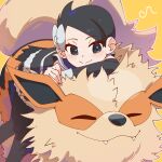  1girl arcanine black_dress black_hair black_pantyhose blush bow closed_mouth commentary_request dress eyelashes grey_bow grey_eyes hair_bow happy highres long_sleeves marley_(pokemon) omochi_(omotimotittona3) pantyhose pokemon pokemon_(creature) pokemon_(game) pokemon_dppt short_hair smile split_mouth yellow_background 