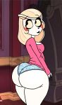  absurd_res big_butt blonde_hair breasts butt cafe-grimful charlie_morningstar clothing demon female fingers hair hazbin_hotel helluva_boss hi_res humanoid looking_back panties red_cheeks smile solo sweater thick_thighs topwear underwear white_body yellow_eyes 