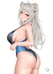  1girl :p ahoge animal_ears ass blue_one-piece_swimsuit breasts closed_mouth cowboy_shot grey_eyes grey_hair high_ponytail highres hololive large_breasts lion_ears long_hair one-piece_swimsuit shishiro_botan sideboob simple_background solo swimsuit tongue tongue_out wei_xiao white_background 