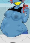  absurd_res animal_humanoid areola bathroom big_breasts bloated blue_areola blue_body blue_nipples blue_skin breasts cellphone clothed clothing digital_media_(artwork) female female_pred fin fish fish_humanoid hand_on_own_belly hi_res holding_cellphone holding_object holding_phone humanoid humanoid_pred marine marine_humanoid mirror_selfie nipples phone public_restroom raised_clothing raised_shirt raised_topwear same_size_vore selfie sharp_teeth shirt smartphone smile solo strawberrywith4 struggling_prey tank_top teeth toony topwear undertale undertale_(series) undyne vore yellow_teeth 