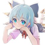  1girl ahoge barefoot blue_bow blue_eyes blue_hair blurry bow cirno closed_mouth commentary depth_of_field hair_bow ice ice_wings looking_at_viewer lying on_stomach shiroi_karasu short_hair short_sleeves simple_background smile solo symbol-only_commentary touhou white_background wings 