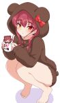  1girl alternate_costume animal_costume animal_hood bare_legs barefoot bear_costume bear_hood blush bow breasts chibi cup feet full_body hachiman_tanuki hair_between_eyes highres holding hololive hood hood_up houshou_marine legs long_sleeves looking_at_viewer medium_breasts mug red_bow red_eyes red_hair shadow sidelocks simple_background squatting thighs tiptoes toenails toes twintails virtual_youtuber white_background yellow_eyes 