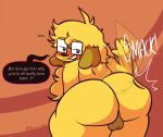  anthro backsack balls bedroom_eyes bent_over big_butt blonde_hair blush butt butt_slap canid canine canis chubby_anthro chubby_male dialogue domestic_dog english_text eyewear eyewear_only floppy_ears fur genitals glasses glasses_only goldie_(thepinkjay5) hair half-closed_eyes hi_res huge_butt inviting looking_at_viewer looking_back male mammal narrowed_eyes nude orange_background pear-shaped_figure perineum seductive short_stack simple_background slap slightly_chubby smile smirk smug smug_face smug_grin sound_effects speech_bubble text thepinkjay5 thick_thighs trans_(lore) trans_woman_(lore) wide_hips yellow_body yellow_fur 