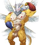  abs absurd_res anthro anthrofied balls bandai_namco biceps blush clothing digimon digimon_(species) feathered_wings feathers fingerless_gloves genitals gloves goddramon handwear hi_res horn maldu male muscular muscular_male nude pecs penis quads simple_background solo white_background wings yellow_body 