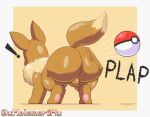  balls big_butt brown_body brown_ears brown_fur butt digital_media_(artwork) eevee exclamation_point feral fur generation_1_pokemon genitals hi_res male melomor multicolored_body multicolored_fur neck_tuft nintendo onomatopoeia pixel_(artwork) pokeball pokemon pokemon_(species) quadruped simple_background solo sound_effects standard_pokeball text thick_thighs throwing_object tuft two_tone_body two_tone_fur white_background yellow_background 