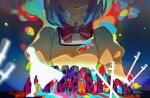  2girls absurdres blood blood_on_face blue_background blue_blood blue_hair bow bowtie cape chinese_commentary commentary_request dual_persona explosion facing_viewer head_out_of_frame highres jacket kong_tiao_bo_zi long_sleeves mahou_shoujo_madoka_magica miki_sayaka mitakihara_school_uniform multiple_girls open_mouth planted planted_sword puffy_long_sleeves puffy_sleeves red_bow red_bowtie school_uniform short_hair silhouette size_difference sliced_meat standing stylized_blood surreal sword tears upper_body weapon yellow_jacket 