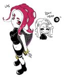  1girl 8-ball agent_3_(splatoon) boots closed_eyes commentary_request crop_top dede_(qwea_00000) inset looking_at_viewer midriff octoling octoling_girl red_eyes red_hair simple_background solo splatoon_(series) splatoon_2 splatoon_2:_octo_expansion standing tentacle_hair white_background 