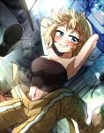  1girl armpits arms_behind_head arms_up blonde_hair blue_eyes blush breasts cleavage commentary cowboy_shot ddolbang floating floating_object highres hololive hololive_english jitome large_breasts looking_at_viewer midriff official_alternate_costume open_jumpsuit raised_eyebrows shoes shoes_removed short_hair smirk solo spacecraft_interior spacesuit strapless sweat tube_top unzipped variant_set virtual_youtuber watson_amelia watson_amelia_(astronaut) 