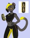  2021 anthro beverage beverage_can biped black_bottomwear black_clothing black_hair black_pants black_topwear blonde_hair bottomwear breasts clothed clothing digital_media_(artwork) drive_(energy_drink) energy_drink eyebrows eyelashes facial_blush felid female fully_clothed fur grey_body grey_fur hair hi_res holding_beverage holding_object iivochka looking_at_viewer mammal midriff multicolored_hair navel pants portrait reference_image solo standing tail three-quarter_portrait topwear two_tone_hair yellow_bottomwear yellow_clothing yellow_eyes yellow_pants yellow_tail_tip zipper 