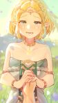  1girl 1other ambiguous_gender bare_shoulders blonde_hair braid collarbone commentary_request crown_braid dress earrings facial_hair fingernails grass green_eyes grey_dress highres holding_hands jewelry kyosuke1413koba looking_at_viewer lower_teeth_only magatama magatama_necklace necklace open_mouth out_of_frame outdoors pointy_ears pov pov_hands princess_zelda short_hair smile strapless strapless_dress teardrop_facial_mark tearing_up teeth the_legend_of_zelda the_legend_of_zelda:_tears_of_the_kingdom tiara 