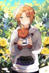  1boy 2427864530 absurdres black_pants blush ensemble_stars! flower green_eyes highres holding holding_stuffed_toy hood hood_down hoodie long_sleeves looking_at_viewer low_ponytail male_focus medium_hair orange_hair pants petals smile solo stuffed_animal stuffed_toy teddy_bear teeth tsukinaga_leo white_hoodie yellow_flower 