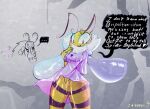  anthro arthropod background_character bee bitty(enderryy) bodily_fluids clothing enderryy female genital_fluids glistening glistening_body hymenopteran insect insect_wings kfc lepidopteran moth neckfluff pussy_juice simple_background smile solo speech_bubble text wings worried yellow_body 
