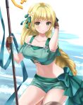  1girl bare_shoulders bikini blonde_hair blush breasts cleavage commentary_request fire_emblem fire_emblem:_three_houses fire_emblem_heroes green_bikini green_eyes green_ribbon green_shorts hair_ribbon highres ingrid_brandl_galatea kakiko210 large_breasts long_hair looking_at_viewer navel off-shoulder_bikini off_shoulder official_alternate_costume ribbon short_shorts short_sleeves shorts solo stomach swimsuit thighs very_long_hair 