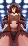  1girl absurdres artist_name ass_visible_through_thighs breasts brown_hair cameltoe closed_mouth cosplay female_pubic_hair foreshortening from_below haysey highres kawakami_sadayo kill_la_kill large_breasts looking_at_viewer looking_down matoi_ryuuko matoi_ryuuko_(cosplay) medium_hair messy_hair microskirt multicolored_hair navel persona persona_5 pointing pointing_at_viewer pubic_hair pubic_hair_peek red_hair revealing_clothes senketsu skirt solo stomach suspenders suspenders_pull thighs two-tone_hair underboob yellow_eyes 