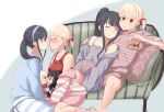  2girls absurdres arm_on_another&#039;s_shoulder black_hair blonde_hair blush chai_haru character_doll closed_eyes couch cup highres imminent_kiss inoue_takina long_hair lycoris_recoil medium_hair mug multiple_girls nishikigi_chisato pajamas pillow ponytail red_eyes shirt simple_background sitting sleeping socks t-shirt twintails yuri 