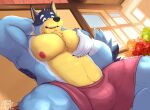  2023 absurd_res anthro australian_cattle_dog bandit_heeler barazoku biceps big_bulge big_muscles big_pecs bluey_(series) bulge canid canine canis cattledog claws clothed clothing domestic_dog eyebrows fur hand_behind_head hand_on_chest hand_on_pecs herding_dog hi_res inside male mammal moshihun muscular muscular_anthro muscular_male navel nipples obliques pastoral_dog pec_grab pecs plant signature sitting smile solo thick_thighs topless topless_anthro topless_male tuft underwear underwear_only window 