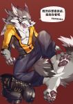  4_toes anthro black_sclera brown_body brown_fur canid canine canis claws ear_piercing feet fur green_eyes hi_res jackal lifewonders male mammal pawpads piercing seth_(tas) solo speech_bubble sssshark_(artist) striped_body striped_fur stripes tail toes tokyo_afterschool_summoners white_body white_fur 