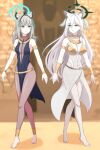  2girls absurdres ahoge alternate_costume animal_ear_fluff animal_ears anklet armlet armpits barefoot belt blue_archive blue_eyes blurry bracelet breasts broken_halo cleavage collarbone commentary_request covered_navel depth_of_field dual_persona earrings egyptian_clothes entrance extra_ears grey_hair hair_between_eyes halo highres jewelry large_breasts long_hair looking_at_another majinmallow medium_breasts medium_hair mismatched_pupils multiple_girls neck_ring outdoors pantyhose parted_lips pyramid_(structure) shiroko_(blue_archive) shiroko_(terror)_(blue_archive) sleeveless tiara toes white_pantyhose wolf_ears wolf_girl 