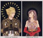  1boy 1girl bare_shoulders black_gloves black_jacket black_shirt black_skirt blonde_hair brown_hair chain_necklace closed_eyes closed_mouth cloud_strife collarbone commentary earrings elbow_gloves english_commentary english_text final_fantasy final_fantasy_vii final_fantasy_vii_remake gem gloves gold_belt gold_earrings gold_trim halo heart heart_print highres jacket jewelry key key_earrings key_necklace lock lock_necklace long_hair long_sleeves looking_to_the_side necklace open_clothes open_jacket own_hands_together piano_print print_jacket print_shirt red_gemstone red_gloves sephiroth shirt short_hair signature single_earring single_sidelock skirt slackertherubycat sleeveless sleeveless_shirt spiked_hair swept_bangs tifa_lockhart upper_body white_shirt zack_fair 