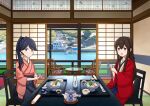  2girls akagi_(kancolle) alternate_costume black_hair black_hakama blue_eyes bottle brown_eyes choko_(cup) commentary_request cup feet hakama haori hitakikan houshou_(kancolle) japanese_clothes kantai_collection kimono landscape multiple_girls pink_kimono ponytail sliding_doors smile table teapot tokkuri 