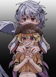  2girls animal_ears blonde_hair brown_headwear crop_top gradient_background grey_hair kishin_sagume long_sleeves multiple_girls orange_shirt own_hands_clasped own_hands_together rabbit_ears red_eyes ringo_(touhou) shirt short_hair short_sleeves single_wing sweat touhou warabe_(be-san) wings x_fingers 