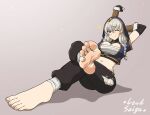  1girl arms_up bandaged_leg bandages barefoot black_pants braid breasts commentary commission crossed_legs english_commentary feet foot_focus foreshortening full_body grey_background grey_hair hair_between_eyes hood hood_up large_breasts leaning_back legs lewdsaiga long_hair looking_at_viewer midriff navel one_eye_closed original pants plantar_flexion shadow sidelocks signature sitting soles solo stretching toenails toes twin_braids 