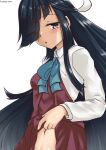  1girl aqua_neckerchief black_hair brown_eyes clothes_lift collared_shirt commentary_request cowboy_shot dress dress_lift dress_shirt hair_over_one_eye halter_dress halterneck hayashimo_(kancolle) highres hime_cut kantai_collection kumichou_(nakasato-gumi) long_hair navel neckerchief pleated_dress purple_dress ribbon school_uniform shirt simple_background solo very_long_hair white_background white_ribbon white_shirt 