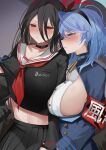  2girls absurdres ako_(blue_archive) armband black_choker black_hair black_hairband black_serafuku black_skirt blue_archive blue_eyes blue_hair blue_halo blush breasts choker closed_mouth hairband halo hasumi_(blue_archive) highres large_breasts long_hair mole mole_under_eye multiple_girls neckerchief pleated_skirt red_armband red_eyes red_halo red_neckerchief sailor_collar san_(harutuki_3) school_uniform serafuku sidelocks skirt white_sailor_collar 