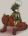  2023 absurd_res anthro boots bottomless bottomless_anthro bottomless_female canid canine clothed clothing female footwear fox genitals hair hair_bun hat headgear headwear hi_res mammal military_uniform mouritzeen_(lenyavok) necktie purple_eyes pussy sitting sitting_on_ground solo uniform vizelius 