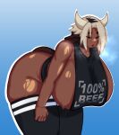  animal_humanoid armorv1 big_breasts black_clothing black_shirt black_topwear blue_background bodily_fluids bovid bovid_humanoid bovine bovine_humanoid breasts brown_tail cattle_humanoid clothing curvy_figure dark_body dark_skin eyes_closed female glistening glistening_body gradient_background grey_hair grey_horn hair hi_res horn huge_breasts humanoid leaning leaning_forward legwear mammal mammal_humanoid shirt short_hair side_boob simple_background solo steam sweat tail thick_thighs topwear voluptuous wide_hips 