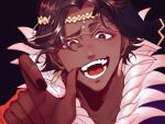  +_+ 1boy brown_hair dark-skinned_male dark_skin earrings fire_emblem fire_emblem_engage fogado_(fire_emblem) gold_circlet jewelry looking_at_viewer male_focus moretemath solo teeth tongue upper_body 