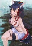  1girl absurdres animal_ear_fluff animal_ears bell bikini bikini_under_shorts black_choker black_hair breasts choker grin high_ponytail highres hololive hxxg jacket jingle_bell large_breasts multicolored_hair navel neck_bell off_shoulder ookami_mio print_bikini red_hair short_shorts shorts sitting smile solo stomach swimsuit tail teeth thigh_strap thighs two-tone_hair water white_shorts wolf_ears wolf_girl wolf_tail yellow_eyes 