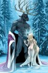  2022 2:3 abs anthro antlers balls big_penis blonde_hair butt cloak clothed clothing deer detailed_background duo female female_on_anthro flaccid genitals hair hi_res horn human human_on_anthro interspecies larger_anthro larger_male long_hair male male/female male_on_human mammal muscular muscular_anthro muscular_male nude off_shoulder outside pecs penis plant size_difference smaller_female smaller_human standing temporalwolf tree 