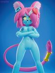  2023 3:4 3d_(artwork) absurd_res accessory alien anthro areola artist_name big_areola blender_(software) blue_background blue_body blue_skin breasts crossed_arms daws19 digital_media_(artwork) eyelashes female fingers fluffy fluffy_tail genitals hair hair_accessory hairpin hi_res long_tail looking_at_viewer nipples nude pink_hair pink_tail pussy rebekkah_(night_time_skai) simple_background smile solo tail teeth watermark yellow_eyes 