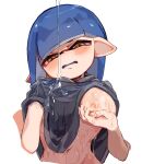  1girl blue_hair blunt_bangs blush breasts clothes_lift colored_tongue disembodied_limb fummatsu_soosu grabbing_own_breast hand_under_clothes hand_under_shirt highres inkling inkling_girl lifted_by_self lotion lube medium_breasts nipple_tweak nipples no_bra one_breast_out open_mouth pointy_ears shirt solo splatoon_(series) tentacle_hair white_background yellow_eyes 