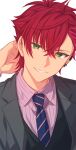  1boy collared_shirt commentary_request diagonal-striped_necktie ear_piercing earrings green_eyes hand_on_own_head hand_up helios_rising_heroes highres jewelry lapels looking_at_viewer male_focus notched_lapels otori_akira partial_commentary piercing red_hair sekina shirt short_hair simple_background smile solo stud_earrings teeth upper_body white_background 