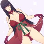  1girl bare_shoulders black_hair blunt_bangs bow breasts cleavage dead_or_alive dead_or_alive_xtreme dress green_bow holding holding_clothes holding_dress konishiki_(52siki) large_breasts lips long_hair looking_at_viewer mole mole_under_mouth navel nightgown nyotengu panties purple_eyes red_nightgown red_panties smile solo underwear 