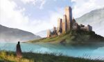  1other absurdres blue_sky building castle cloak cloud day field from_behind grass haru_akira highres lake landscape mountain nature original outdoors reflection scenery sky standing sunlight tree water wide_shot 