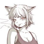 1girl animal_ears bags_under_eyes bare_shoulders breasts cat_ears cigarette cleavage greyscale highres holding looking_at_viewer monochrome original powerdman red_eyes short_hair simple_background smoke smoking solo tank_top upper_body white_background 