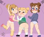  absurd_res alvin_and_the_chipmunks anthro brittany_miller butt chipmunk clothed clothing eleanor_miller female gesture ground_squirrel group hi_res jeanette_miller looking_back mammal paiyh panties panties_down partially_clothed rodent sciurid trio underwear underwear_down v_sign young 