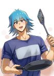  1boy absurdres blue_hair blue_shirt bruno_(yu-gi-oh!) facing_viewer hand_up highres holding holding_pan holding_spatula looking_at_viewer male_focus open_mouth purple_eyes shirt short_hair simple_background smile solo spatula standing t-shirt upper_body youko-shima yu-gi-oh! yu-gi-oh!_5d&#039;s 