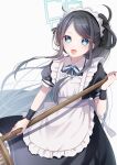  1girl :d absurdly_long_hair absurdres apron aris_(blue_archive) aris_(maid)_(blue_archive) black_hair blue_archive blue_bow blue_bowtie blue_eyes bow bowtie commentary_request forehead frilled_apron frills halo highres holding holding_mop long_hair looking_at_viewer maid maid_apron maid_headdress mochimori_kusunoki mop official_alternate_costume official_alternate_hairstyle parted_bangs short_sleeves side_ponytail sidelocks simple_background smile solo very_long_hair white_apron white_background wristband 