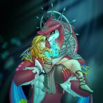  absurd_res ahegarou anthro bioluminescence blonde_hair breath_of_the_wild bridal_carry carrying clothing crown duo fish girly glowing hair headgear hi_res human humanoid humanoid_pointy_ears king link long_hair male male/male mammal marine nintendo prince_sidon royalty scar shark sharp_teeth size_difference tears_of_the_kingdom teeth the_legend_of_zelda toga zora 