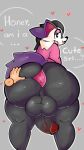  alexdraws anthro anus balls big_balls braixen canid canine canis clothed clothing english_text female francis_(ivi_030) fur generation_6_pokemon genitals girly hi_res humanoid_genitalia humanoid_hands humanoid_penis looking_at_viewer looking_back mammal nintendo offscreen_character penis pokemon pokemon_(species) puffy_anus purple_body purple_fur shiny_pokemon simple_background solo text thick_thighs 