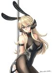  1girl alternate_costume animal_ears azur_lane bare_shoulders black_leotard blonde_hair blue_eyes blush bodystocking breasts fake_animal_ears iowa_(kancolle) kantai_collection large_breasts leotard long_hair looking_at_viewer new_jersey_(azur_lane) new_jersey_(exhilarating_steps!)_(azur_lane) oversized_breast_cup pantyhose playboy_bunny pole pole_dancing rabbit_ears rekka_yamato see-through_cleavage smile solo star-shaped_pupils star_(symbol) strapless strapless_leotard stripper_pole symbol-shaped_pupils very_long_hair 