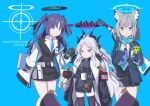  3girls ahoge animal_ear_fluff animal_ears armband assault_rifle belt belt_pouch black_coat black_gloves black_jacket black_skirt black_thighhighs blazer blue_archive blue_background blue_eyes blue_necktie blue_scarf bookmark coat coat_on_shoulders coffee coffee_mug coffee_pot collared_shirt commentary_request cross_hair_ornament cup demon_girl demon_horns demon_wings dual_wielding english_text forehead fur-trimmed_coat fur_trim gloves graphing_calculator green_gloves grey_hair gun hair_between_eyes hair_ornament hairclip halo height_difference highres hina_(blue_archive) holding holding_coffee_pot holding_cup holding_notebook horns id_card jacket leaning_forward long_hair long_sleeves looking_at_viewer medium_hair military_uniform mismatched_pupils mug multiple_girls necktie notebook open_clothes open_coat parted_bangs pencil_skirt plaid plaid_skirt pleated_skirt ponytail pouch purple_eyes purple_hair red_armband rifle scarf school_uniform shiroko_(blue_archive) shirt side_slit sidelocks sig_556 simple_background single_glove skirt thighhighs triangle_hair_ornament two-tone_gloves two_side_up uniform wavy_hair weapon weapon_on_back white_coat white_shirt wings wireless_earphones wolf_ears wolf_girl yukimi_unagi yuuka_(blue_archive) zettai_ryouiki 
