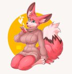  &lt;3 2023 4_fingers absurd_res anthro big_breasts breasts canid canine clothing dipstick_tail eyebrows female fingers fluffy fluffy_tail fox fur hi_res inner_ear_fluff kneeling leg_markings looking_at_viewer mammal markings red_body red_fur socks_(marking) solo spongebandimark sweater tail tail_markings teal_eyes topwear tuft white_body white_fur 
