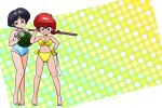  2girls barefoot bikini blue_eyes blue_hair braid breasts food fruit multiple_girls polka_dot ranma-chan ranma_1/2 red_hair short_hair single_braid swimsuit tendou_akane wanta_(futoshi) watermelon yellow_bikini 