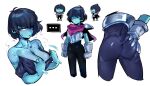  ... 1girl armor ass ass_grab black_bodysuit black_hair blue_skin bodysuit breasts clenched_hands closed_mouth colored_skin commentary deltarune doppel_(bonnypir) genderswap genderswap_(otf) gloves grabbing_own_ass hair_over_one_eye kris_(deltarune) large_breasts looking_at_viewer multiple_views no_eyes non-web_source parted_lips red_eyes scarf simple_background sweat third-party_edit white_background white_gloves 